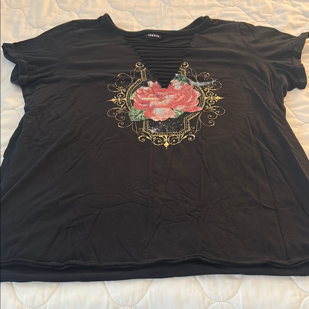 Torrid Black Floral Graphic Distressed Top